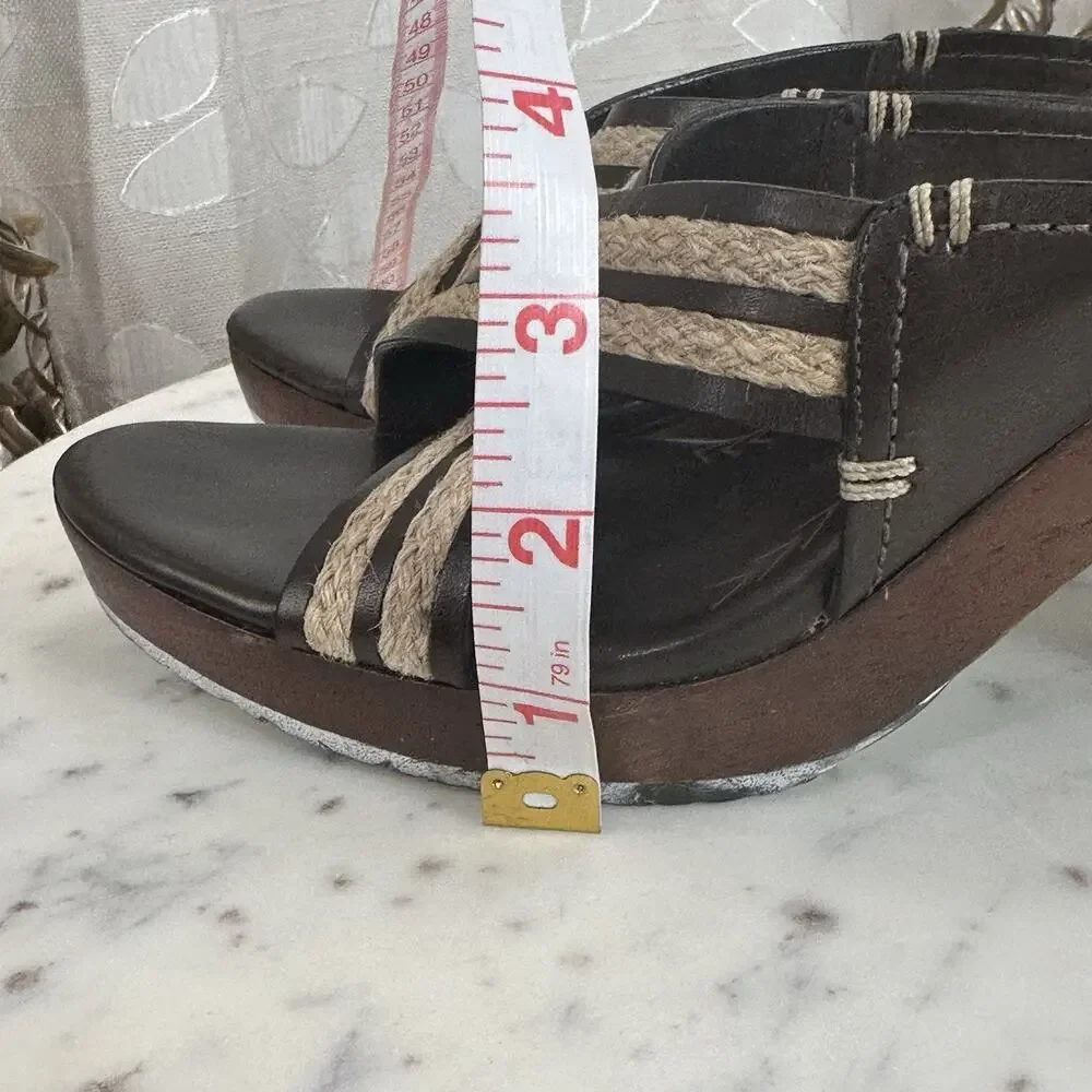 Cole Haan Brown Leather Raffia Woven Straps Wooden Platform Block‎ Heel Sandals